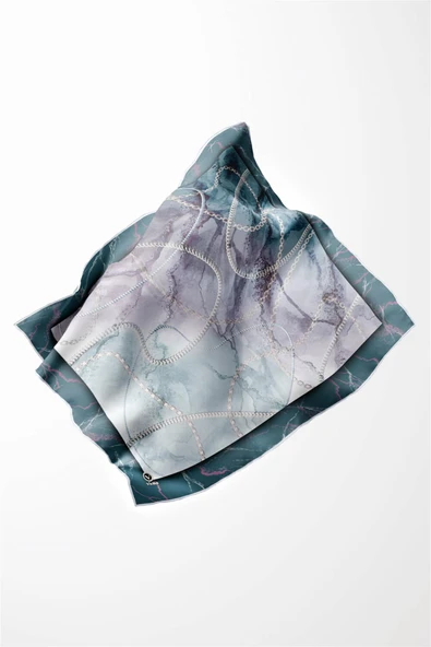 Twill Mermer ve Zincir Desenli Petrol Yeşili Renkli 90x90 Eşarp (İpek İçermez) Kenar Dikiş Şekli El Dikişli - Resim 4