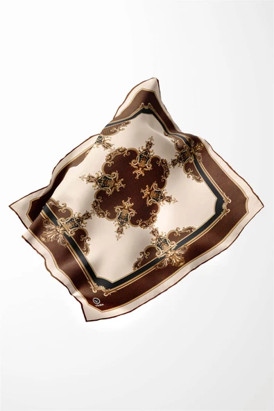 Twill Barok Desenli Taba Renkli 90x90 Eşarp (İpek İçermez) Dikim Şekli : El Dikişi - Resim 3