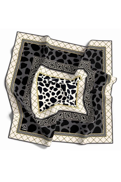 Twill Taş Desenli Füme Renkli 90x90 Eşarp (İpek İçermez) Kenar Dikiş Şekli El Dikişli ürün görseli