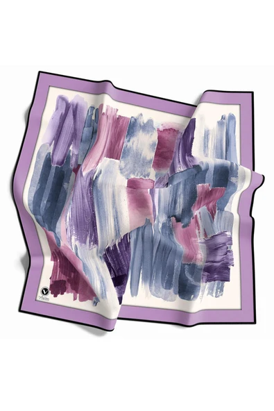 Twill Fırça Darbesi Desenli Lila Renkli 90x90 Eşarp (İpek İçermez) Kenar Dikiş Şekli El Dikişli ürün görseli