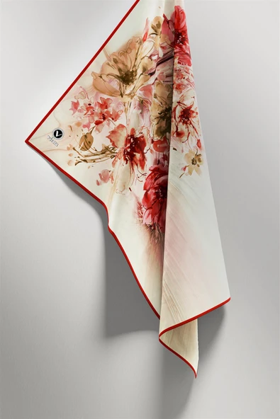 Twill Çiçek Desenli Bordo Renkli 90x90 Eşarp (İpek İçermez) Kenar Dikiş Şekli El Dikişli - Resim 4
