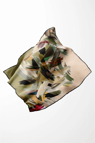 Twill Fırça Desenli Haki Renkli 90x90 Eşarp (İpek İçermez) Kenar Dikiş Şekli El Dikişli - Resim 4