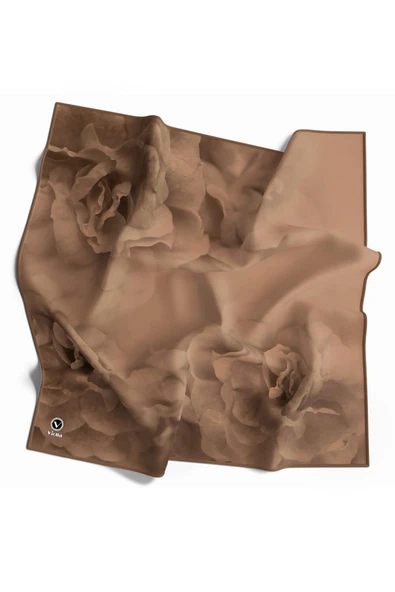 Rayon Büyük Çiçek Desenli Vizon Renkli 90x90 Eşarp (İpek İçermez) Kenar Dikiş Şekli El Dikişli ürün görseli