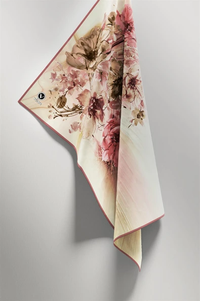 Twill Çiçek Desenli Pudra Renkli 90x90 Eşarp (İpek İçermez) Kenar Dikiş Şekli El Dikişli - Resim 4