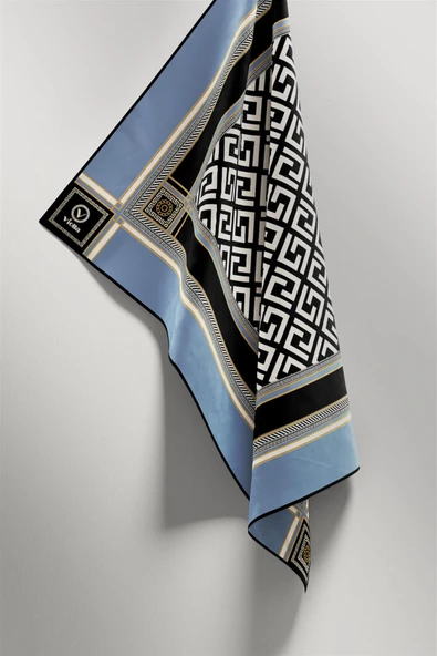 Twill Antik Desenli Bebe Mavisi Renkli 90x90 Eşarp (İpek İçermez) Kenar Dikiş Şekli El Dikişli - Resim 4