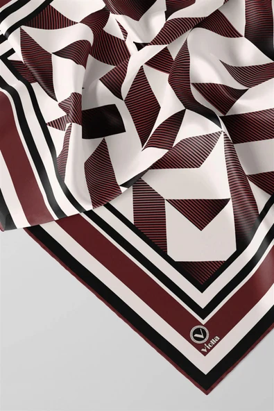 Twill Geometrik Desenli Şarabi Renkli 90x90 Eşarp (İpek İçermez) Kenar Dikiş Şekli El Dikişli - Resim 3