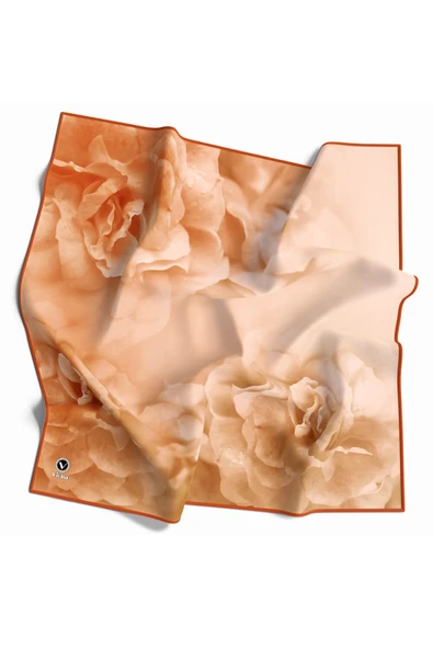 Rayon Büyük Çiçek Desenli Turuncu Renkli 90x90 Eşarp (İpek İçermez) Kenar Dikiş Şekli El Dikişli - Resim 2