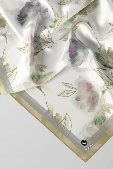 Twill Suluboya Çiçek Desenli Bej Renkli 90x90 Eşarp (İpek İçermez) Kenar Dikiş Şekli El Dikişli - Resim 2