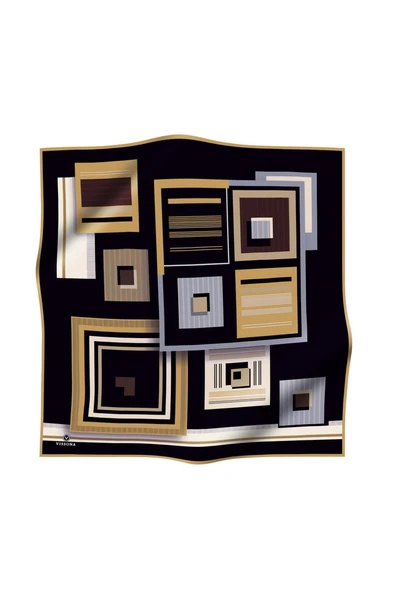 %100 Twill İpek Kare Desenli Siyah - Gold Renkli 90x90 Eşarp Kenar Dikiş Şekli El Dikişli - Resim 2