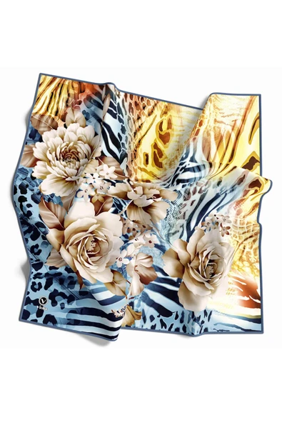 Twill Renkli Şerit Desenli İndigo - Sarı Renkli 90x90 Eşarp (İpek İçermez) Kenar Dikiş Şekli El Dikişli ürün görseli