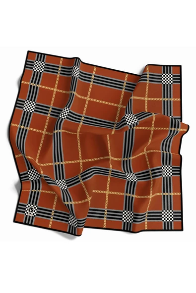 Twill Ekose Desenli Taba Renkli 90x90 Eşarp (İpek İçermez) Kenar Dikiş Şekli El Dikişli ürün görseli