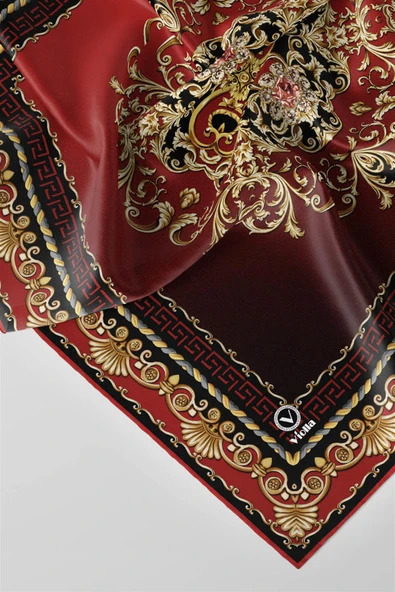 Twill Barok Desenli Bordo Renkli 90x90 Eşarp (İpek İçermez) Dikim Şekli : El Dikişi - Resim 3