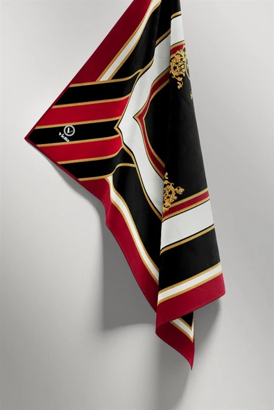 Twill Barok Desenli Kırmızı - Siyah Renkli 90x90 Eşarp (İpek İçermez) Dikim Şekli : El Dikişi ürün görseli