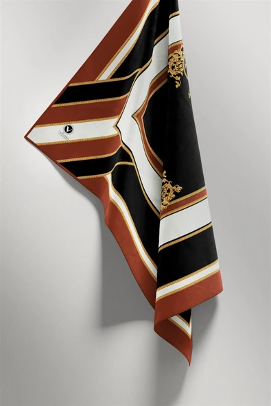 Twill Barok Desenli Turuncu - Siyah Renkli 90x90 Eşarp (İpek İçermez) Dikim Şekli : El Dikişi ürün görseli