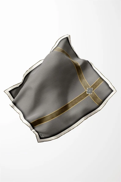 Twill Geometrik ve Kemer Desenli Sütlü Kahve Renkli 90x90 Eşarp (İpek İçermez) Dikim Şekli : El Dikişi - Resim 2