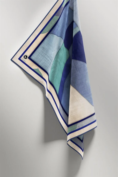 Twill Geometrik Desenli İndigo Renkli 90x90 Eşarp (İpek İçermez) Kenar Dikiş Şekli El Dikişli - Resim 4
