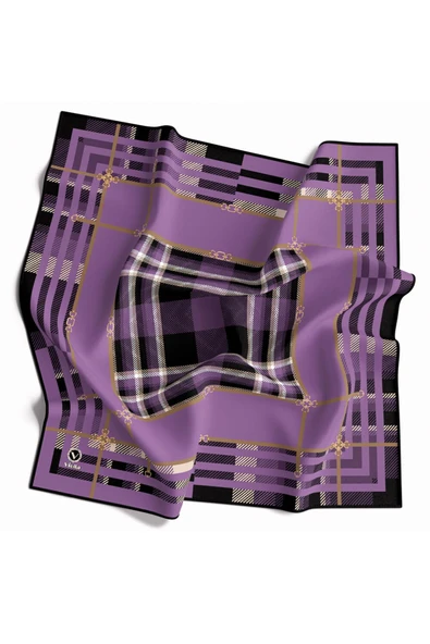 Twill Kemerli ve Ekose Desenli Lila Renkli 90x90 Eşarp (İpek İçermez)Kenar Dikiş Şekli El Dikişli - Resim 2