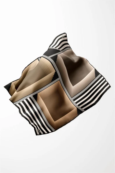 Twill Geometrik Desenli Bej Renkli 90x90 Eşarp (İpek İçermez) Kenar Dikiş Şekli El Dikişli - Resim 4