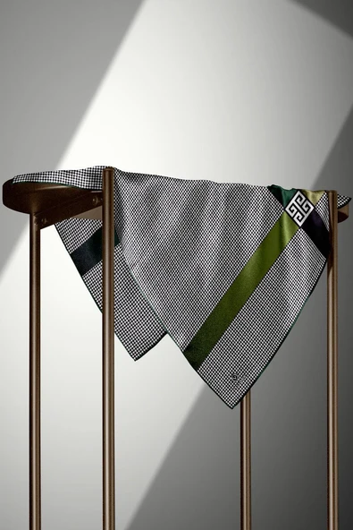 %100 Twill İpek Kazayağı Desenli Zümrüt Yeşili - Haki Renkli 90x90 Eşarp Dikim Şekli : El Dikişi - Resim 3