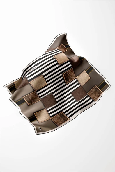 Twill Geometrik Ve Çizgili Desenli Taş Renkli 90x90 Eşarp (İpek İçermez) Dikim Şekli : El Dikişi - Resim 3