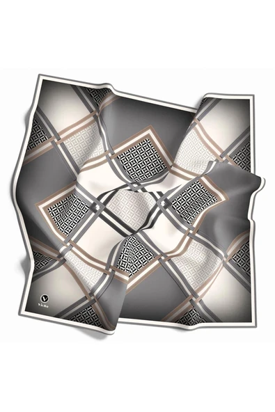 Twill Geometrik Desenli Gri Renkli 90x90 Eşarp (İpek İçermez) Kenar Dikiş Şekli El Dikişli ürün görseli