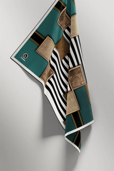 Twill Geometrik Ve Çizgili Desenli Petrol Yeşili Renkli 90x90 Eşarp (İpek İçermez) Dikim Şekli : El Dikişi - Resim 4