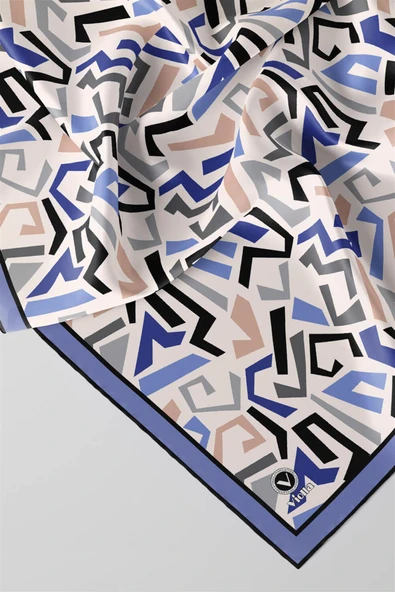 Twill Geometrik Desenli Bebe Mavisi Renkli 90x90 Eşarp (İpek İçermez) Kenar Dikiş Şekli El Dikişli - Resim 2