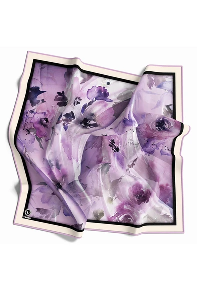 Rayon Sulu Boyalı Çiçek Desenli Lila Renkli 90x90 Eşarp (İpek İçermez) Kenar Dikiş Şekli El Dikişli ürün görseli
