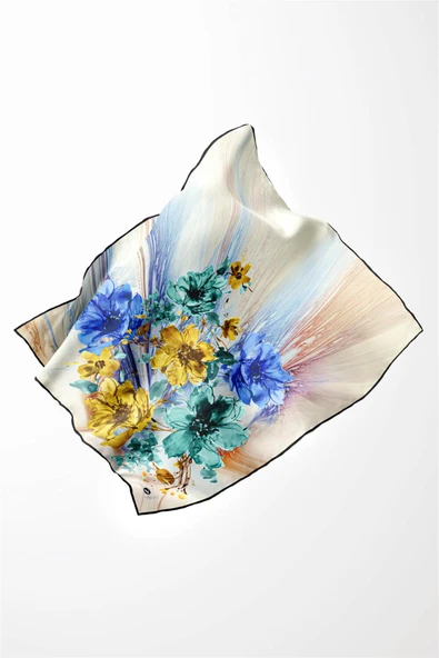 Twill Çiçek Desenli Siyah Renkli 90x90 Eşarp (İpek İçermez) Kenar Dikiş Şekli El Dikişli - Resim 3