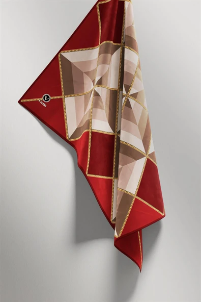 Twill Geometrik Desenli Bordo Renkli 90x90 Eşarp (İpek İçermez) Kenar Dikiş Şekli El Dikişli - Resim 4