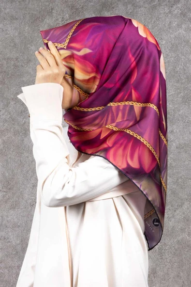 Twill Gül Desenli Fuşya - Somon Renkli 90x90 Eşarp (İpek İçermez) Kenar Dikiş Şekli El Dikişli ürün görseli