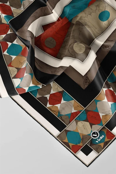 Twill Geometrik Mermer Desenli Siyah Renkli 90x90 Eşarp (İpek İçermez) Kenar Dikiş Şekli El Dikişli - Resim 5