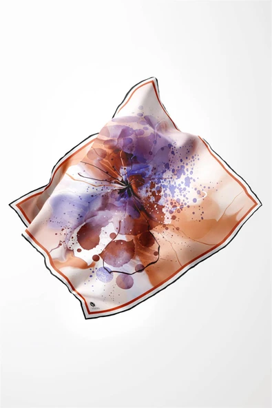 Twill Suluboya Çiçek Desenli Taba Renkli 90x90 Soft Eşarp Kenar Dikiş Şekli El Dikişli - Resim 3