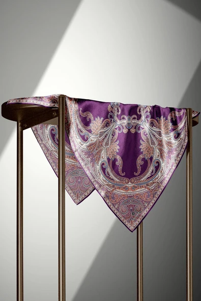 %100 Twill İpek Şal Desenli Mürdüm - Fuşya Renkli 90x90 Eşarp Dikim Şekli : El Dikişi - Resim 4