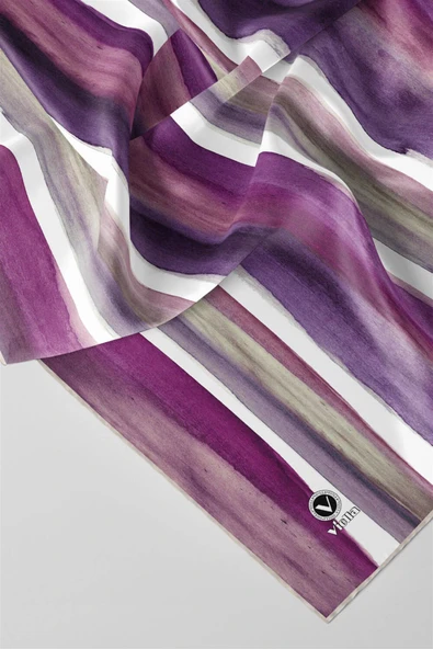 Twill Suluboya Çizgi Desenli Mürdüm - Mor Renkli 90x90 Eşarp (İpek İçermez) Kenar Dikiş Şekli El Dikişli ürün görseli