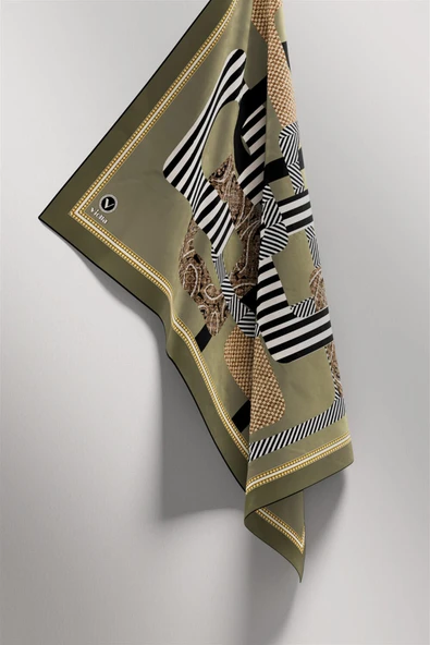 Twill Geometrik Desenli Haki Renkli 90x90 Eşarp (İpek İçermez) Kenar Dikiş Şekli El Dikişli - Resim 4