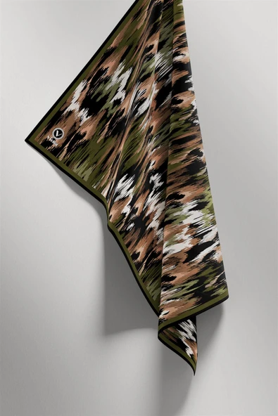 Twill Fırça Desenli Haki Renkli 90x90 Eşarp (İpek İçermez) Kenar Dikiş Şekli El Dikişli - Resim 3