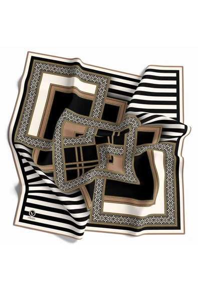 Twill Çizgili ve Kareli Desenli Bej Renkli 90x90 Eşarp (İpek İçermez) Kenar Dikiş Şekli El Dikişli - Resim 2