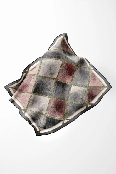 Twill Geometrik Desenli Pudra Renkli 90x90 Eşarp (İpek İçermez) Kenar Dikiş Şekli El Dikişli - Resim 4
