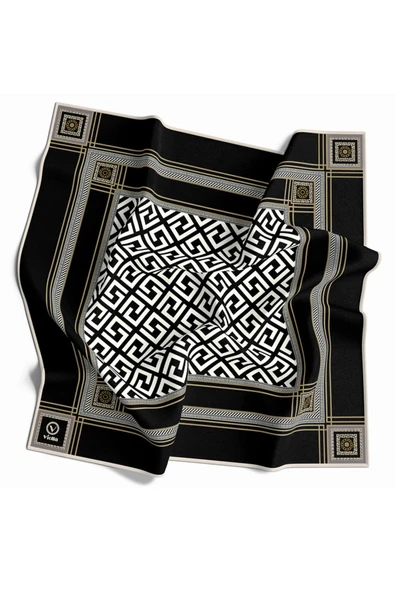 Twill Antik Desenli Siyah Renkli 90x90 Eşarp (İpek İçermez) Kenar Dikiş Şekli El Dikişli ürün görseli 1
