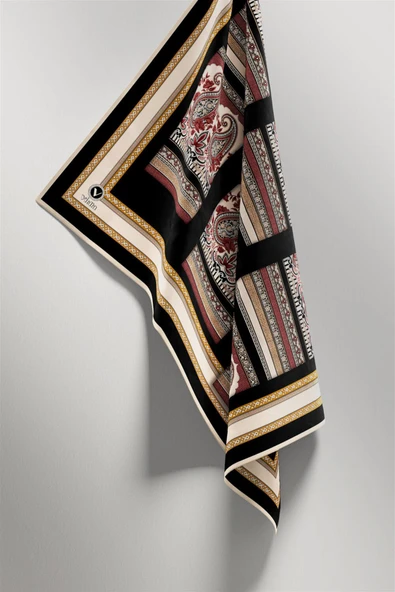 Twill Şal Desenli Siyah Renkli 90x90 Eşarp (İpek İçermez) Kenar Dikiş Şekli El Dikişli - Resim 5