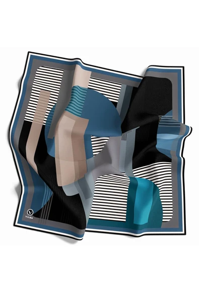 Twill Çizgili Ve Geometrik Desenli  Petrol Mavisi Renkli 90x90 Eşarp (İpek İçermez) Kenar Dikiş Şekli El Dikişli ürün görseli