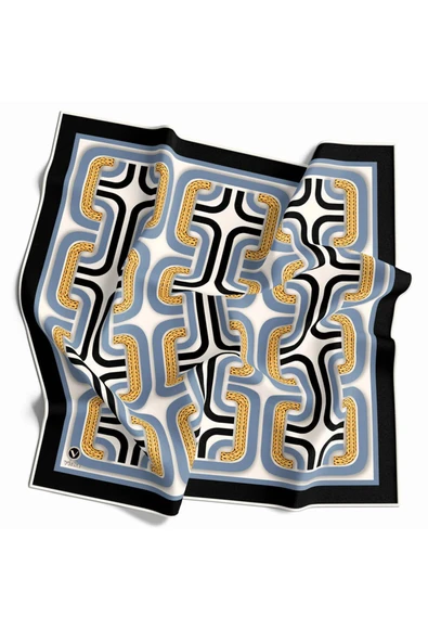 Twill Geometrik Zincir Desenli İndigo Renkli 90x90 Eşarp (İpek İçermez) Kenar Dikiş Şekli El Dikişli - Resim 2