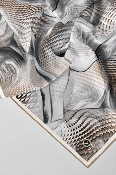 Twill Geometrik Ve Dalga Desenli Bej Renkli 90x90 Eşarp (İpek İçermez) Dikim Şekli : El Dikişi - Resim 3