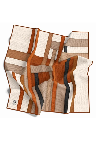 Twill Renkli Şerit Desenli Taba Renkli 90x90 Eşarp (İpek İçermez) Kenar Dikiş Şekli El Dikişli ürün görseli