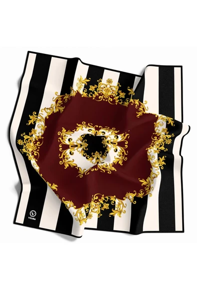 Twill Çizgili Barok Desenli Bordo - Siyah Renkli 90x90 Eşarp (İpek İçermez) Kenar Dikiş Şekli El Dikişli - Resim 2
