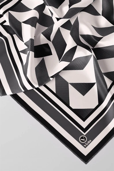 Twill Geometrik Desenli Füme Renkli 90x90 Eşarp (İpek İçermez) Kenar Dikiş Şekli El Dikişli - Resim 2