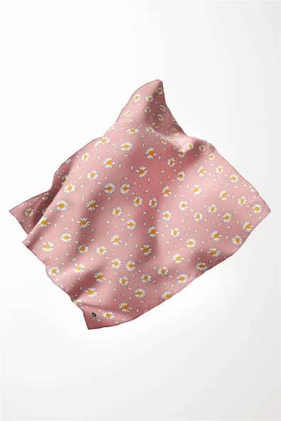 Twill Papatya Desenli Pudra Renkli 90x90 Eşarp (İpek İçermez) Kenar Dikiş Şekli El Dikişli - Resim 3