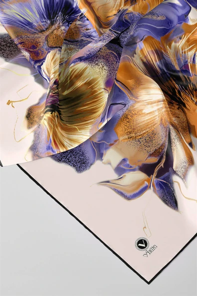 Twill Çiçek Desenli Hardal - Mor Renkli 90x90 Eşarp (İpek İçermez) Kenar Dikiş Şekli El Dikişli - Resim 2