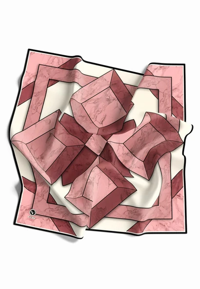 Kristal Mermer Desenli Pudra - Gül Kurusu Renkli 90x90 Eşarp (İpek İçermez) Kenar Dikiş Şekli El Dikişli ürün görseli